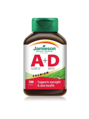 Jamieson Vitamin A 10.000 IU + D3 800 IU - 100 mekih kapsula Jamieson Vitamin A 10.000 IU sa vitaminom D3 800 IU – kutija sa 100 mekih kapsula