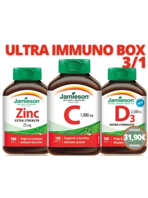 Jamieson Immuno Box 3 u 1 ultra jačine – vitamin C, D3 i cink Jamieson Immuno Box 3 u 1 ultra jačine – paket Vitamin C 1.000 mg, Vitamin D3 2.500 IU i Cink 25 mg za imunitet