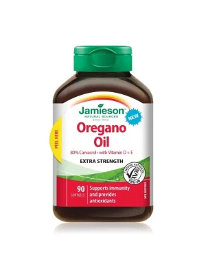 Jamieson Origano ulje sa vitaminima D i E ekstra snage – 90 mekih kapsula Jamieson Origano ulje ekstra snage (80% karvakrola) sa vitaminom D3 i E – kutija sa 90 mekih kapsula za imunitet