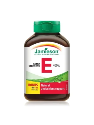 Jamieson Vitamin E 400 IU – 100 + 20 mekih kapsula Jamieson prirodni Vitamin E 400 IU (d-alfa tokoferil acetat), antioksidans – kutija sa 120 mekih kapsula
