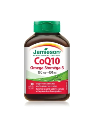 Jamieson CoQ10 100 mg sa Omega-3 – 30 mekih kapsula Jamieson CoQ10 100 mg sa Omega-3 (EPA 300 mg, DHA 150 mg) – kutija sa 30 mekih kapsula