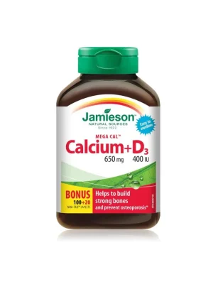Jamieson Mega Cal – kalcijum 650 mg iz pet izvora sa vitaminom D3 400 IU za kosti, kutija sa 120 mini kapleta