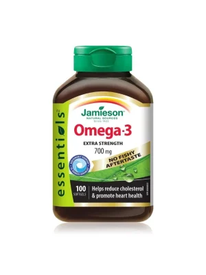 Jamieson Omega-3 ekstra jačine 700 mg – 100 mekih kapsula Jamieson Omega-3 ekstra jačine 700 mg sa prirodnom aromom limuna, bez ribljeg ukusa, kutija sa 100 mekih kapsula