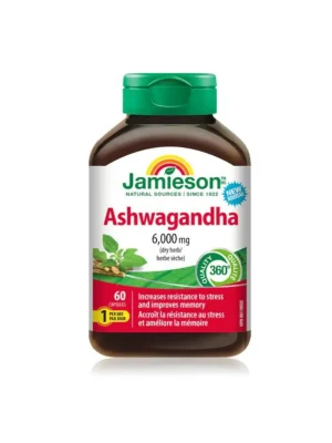 Jamieson Ashwagandha (Ašvaganda) 6.000 mg – 60 kapsula Jamieson Ashwagandha (Ašvaganda) 6.000 mg – kutija sa 60 vegetarijanskih kapsula za otpornost na stres