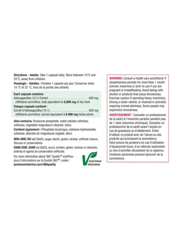Sastav Jamieson Ashwagandha kapsula – ekstrakt korijena 600 mg, ekvivalent 6.000 mg suve biljke