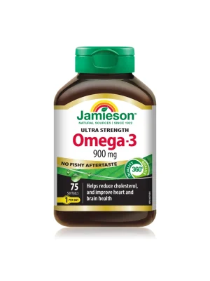 Jamieson Omega-3 ultra jačine 900 mg – 75 mekih kapsula Jamieson Omega-3 ultra jačine 900 mg bez ukusa ribe – bočica sa 75 mekih kapsula, jedna dnevno