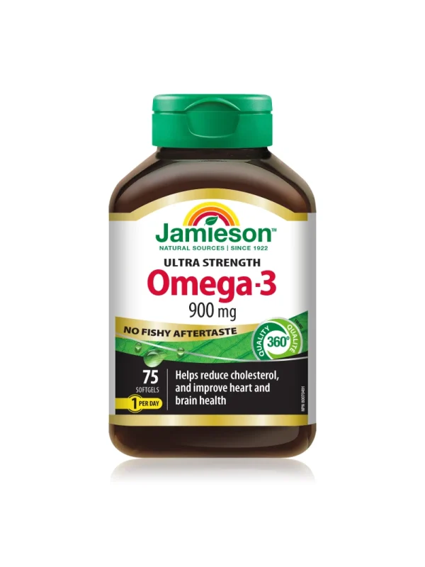 Jamieson Omega-3 ultra jačine 900 mg – 75 mekih kapsula Jamieson Omega-3 ultra jačine 900 mg bez ukusa ribe – bočica sa 75 mekih kapsula, jedna dnevno