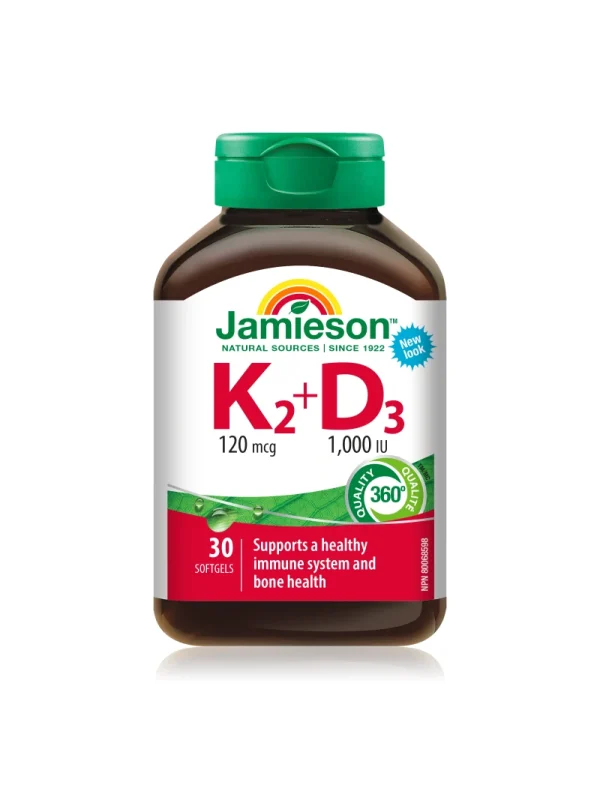 Vitamin K2 D3 Jamieson – bočica Vitamin K2 D3 – Jamieson Vitamin K2 120 mcg + D3 1.000 IU, 30 mekih kapsula